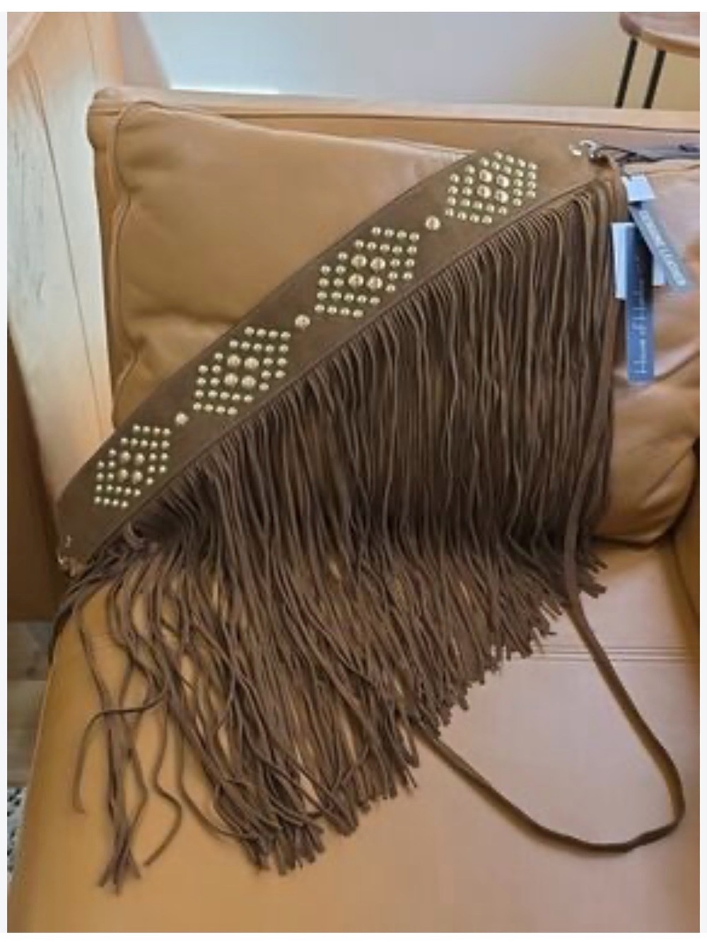 Fringed Brown Studded Waist Belt L House of Harlow 1960 genuine leather